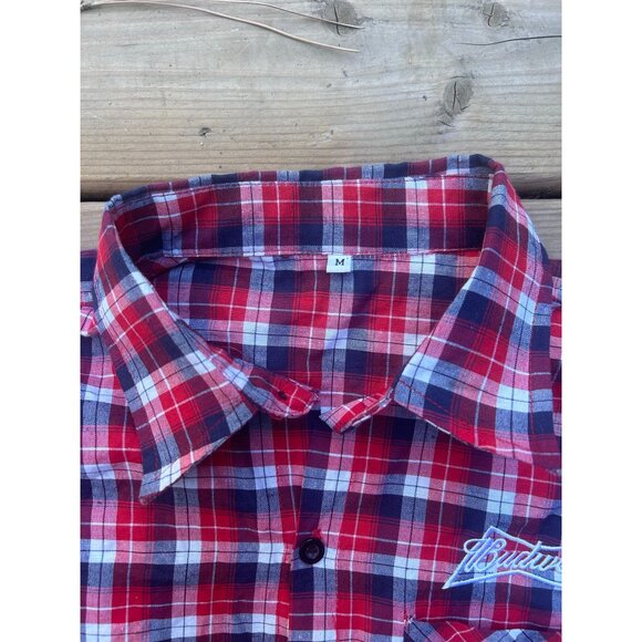 Budweiser Men's Button Down Shirt Size Medium Causal Short Sleeve Plaid Red - Picture 2 of 9